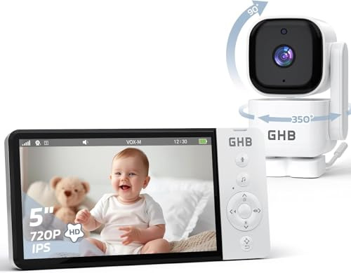 GHB Baby Monitor Video e Audio 5'' 720HD IPS Schermo, 5000mAh, Rilevamento della Temperatura, Interfono Bidirezionale, VOX, Visione Notturna, Ninne Nanne