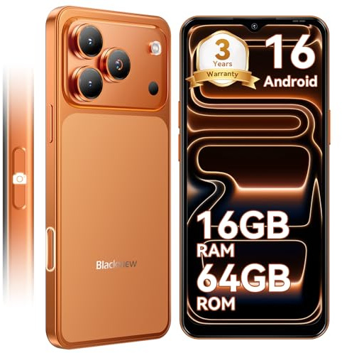 Blackview Sim-free & Unlocked Mobile Phones, 3-Year Warranty, Wave 7C, 32MP Camera, Android 16 Smartphone, 6.56” Display, 5000mAh Battery, Dual SIM, IP54 Water Resistance, 64GB Storage, Orange