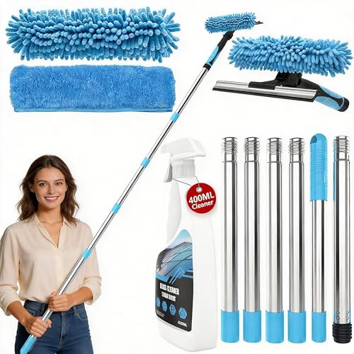 Set de equipo de limpieza de ventanas incluye limpiador de 200 ml y escobilla limpiacristales 2 en 1 con poste de limpieza extensible de 195 cm, kit de limpieza de ventanas sin dejar marcas para