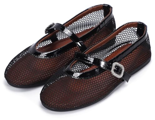 SCCGKP Mesh Ballet Flats Shoes for Women Flats Comfortable Dressy Round Toe Mesh Flats Fishnet Mary Jane Flats for Events Party Leisure