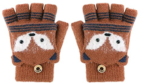 RUIXIA Kids Knitted Half Finger Gloves with Flip Top Winter Warm Cute Fox Face Typing Gloves Convertible Mittens for Girls Boys Red Coffee Fox One Size