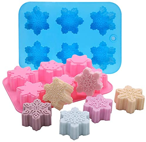 Snowflake Silicone Molds, 2 Pack Cake Pans Cookie Trays Handmade Soap Making Molds Also for Chocolate Mold Pudding Jelly Muffin Ice Cube Tray for Christmas Holiday Party Cake Decor(Pink/Blue)…