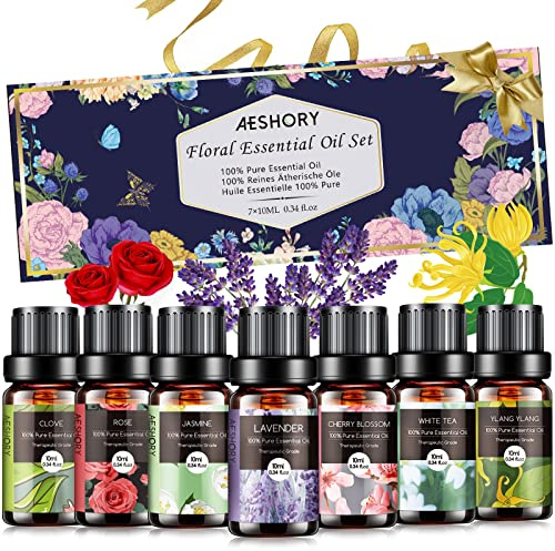 AESHORY Huiles Essentielles Florales 7x10ML, Kit Huiles Essentielles Aromathérapie 100% Pures & Naturelle pour Diffuseurs - Fleurs de Cerisier, Clove, Jasmin, Lavande, Rose, Thé Blanc, Ylang Ylang