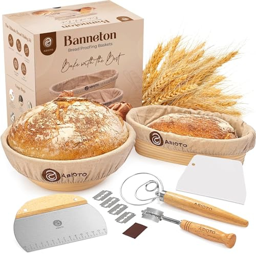 Sourdough Kit with Professional Bread Making Tools - Complete Sourdough Bread Making Kit with 10 Round & 11 Oval Handcrafted Bannetons, Bread Lame, Danish Whisk, Bowl & Dough Scrapers (14-Piece Kit)