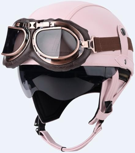 Deutschen Stil Leder Halbschalenhelm Retro Motorrad Halbhelm mit Brille ECE Genehmigt Erwachsene Halbschale Jet-Helm Scooter-Helm für Cruiser Scooter Pink,S