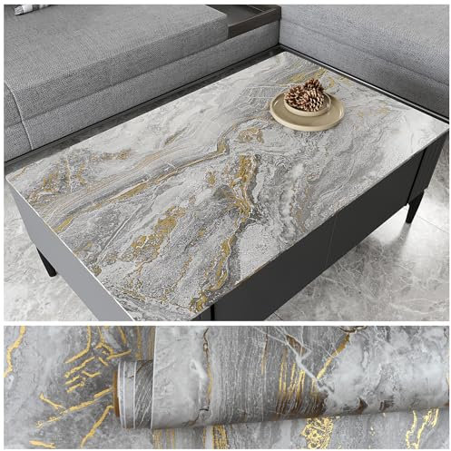 VEELIKE Papel Adhesivo Marmol Gris Oro Vintage Papel Pintado Marmol Gris Dorado Papel Pared Comedor Tapiz Impermeable para Cocina Baño Decoracion Habitacion 40cm×300cm
