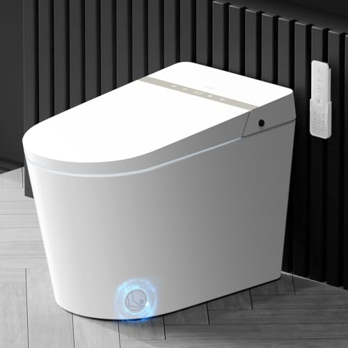 EPLO Bidé de inodoro inteligente, tapa de apertura y cierre automático, descarga opaca, asiento con calefacción, doble descarga automática, funcionamiento con sensor de pie, pantalla LED, bidé moderno