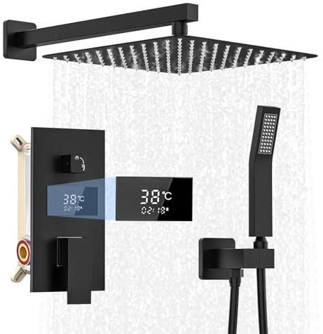 Sistema doccia nero da incasso, in acciaio inox, con display LCD a temperatura, soffione da 30 x 30 cm, doccetta da 200 mm, corpo in ottone, soffione a pioggia nero, tubo doccia da 1,5 m