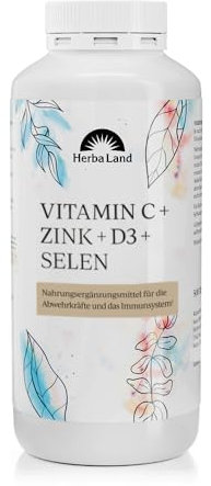 Herbaland® Vitamin C Zink Selen D3 Tabletten | 365 Tabletten für 1 Jahr | Vegetarisch | Vitamin C 1000mg, Zink 10 mg, 500 IE Vitamin D3 & 55 µg Selen | Laborgeprüfte Qualität | Made in Germany