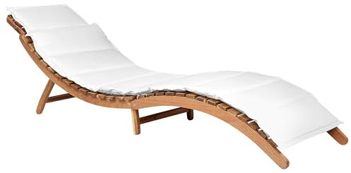 Beliani Gartenliege Akazienholz Heller Holzfarbton mit Auflage Creme weiß klappbar Luino