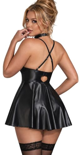 ohyeahlady Women's Sexy Lingerie Sets PU Leather Plus Size Rave Outfits | S-4XL,Flared A-Line Skirt, Curvy Mini Party Dress, Criss-Cross Back, Adjustable Choker Included, Clubwear,Bedroom,Halloween