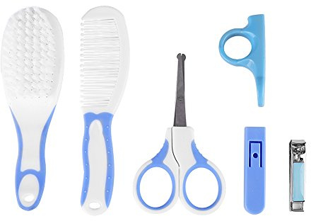 Prctico Kit de Cuidado de Uas para Bebs de 6 Piezas, Peine y Cepillo para el Cabello, Cortauas y Tijeras Seguras para Bebs y Nios, Porttil para Viajes (BLUE