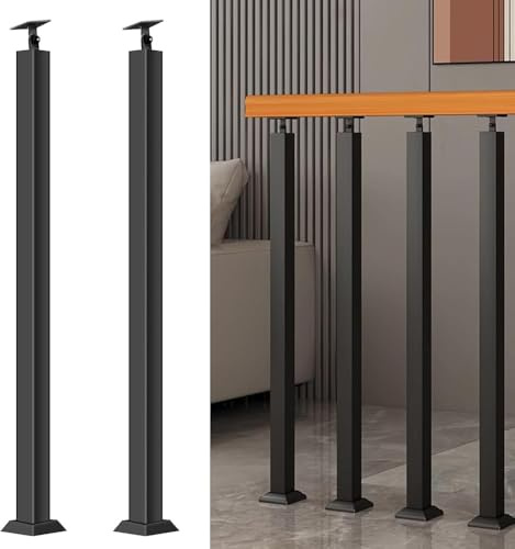Carré Poteau de Garde-corps D’escalier,Poteau de Balustrade Décoratif,Broches de Rampe En Métal Réglables à 270° avec Base de Support Plat,Poteau de Rampe E(Size:2.95ft/90cm,Color:2 Pack Front Mount)