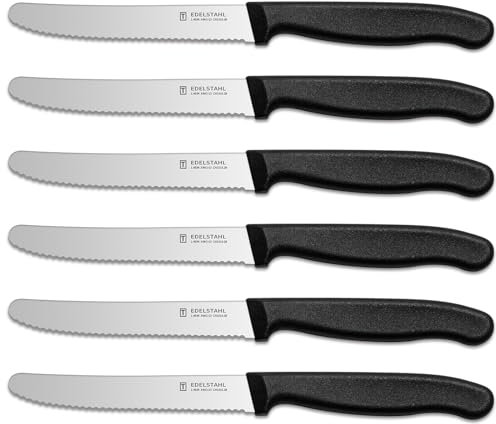 targzier Tomato Knife Set of 6,Serrated Edge Kitchen Knife Set,Extra Sharp Blade Stainless Steel Utility Knifes,Table Knifes,Black Plastic Handle Tomato Knives,Wavy Edge Dinner Knives,Dishwasher Safe