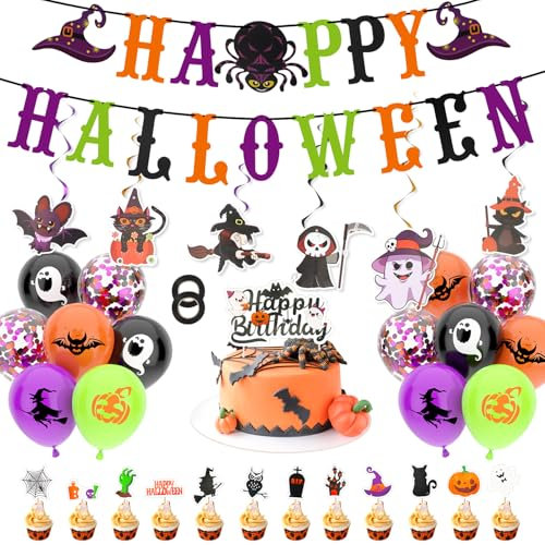 OWill Happy Halloween Banner and Balloons for Party Decoration, 50pcs Indoor Halloween Decoration Pack with Paper Tassels Hanging Swirl Party Supplies