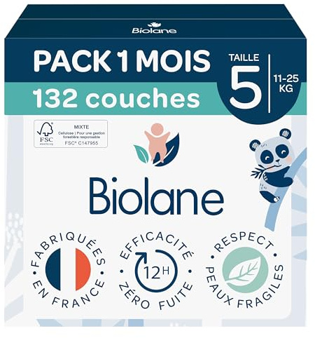 BIOLANE - Couches bébé taille 5 - (11-25 kg) - Peaux Sensibles - Ultra-Absorbant, Pas de Fuite, jusqu'à 12h au Sec - Confort & Protection - Pack 1 mois 132 couches - Fabriqué en France
