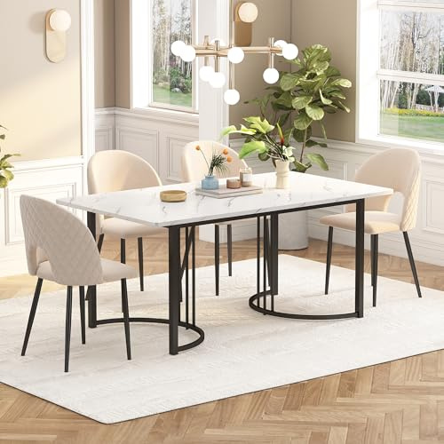 BXEYXE Matgrupp, (set 140 × 80 cm matbord med 4 stolar), modernt köksbordsset, sammet matstol med diamantmönster, justerbara stolben, beige sammet, MDF-bordsskiva i vitt, svarta bordsben