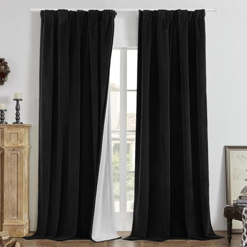 Joydeco 100% Blickdicht Samt Vorhänge mit Kräuselband 2 er Set H 225 x B 132 Schwarz Schienensystem Schiebevorhang Verdunkelung Thermovorhang Kälteschutz Gardinen Schlafzimmer Wohnzimmer Curtains