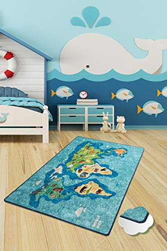 Bosdela Kinderteppich und Babyteppich Vielfältige Designvariationen, waschbar, rutschfest, weich, ideal für Kinderzimmer & Spielzimmer 100x160 cm Blaue Weltkarte