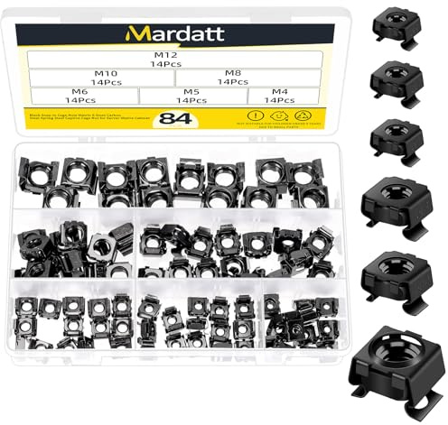 Mardatt 84Pcs Snap-in Cage Nuts Assortment Kit, M4 M5 M6 M8 M10 M12 Carbon Steel Zinc Plated Metric Cage Nuts Clip-On Nuts, Rack Nuts, Rack Mount Clip Nuts for Shelve Cabinet, Black