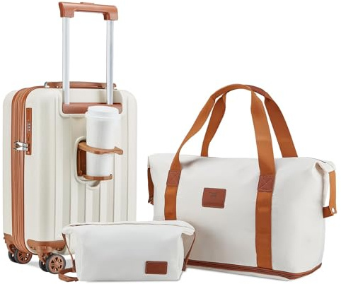 Joyway Koffer Trolley Reisekoffer Set, Hartschale Handgepäck Koffer mit Getränkehalter 4 Rollen TSA-Schloss Der Kofferset, Weiß Braun