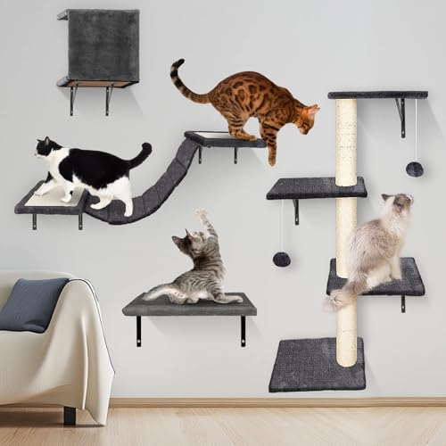 Pawchop Cat Climbing Wall Set, 4 in 1 Stable Cat Wall Furniture Set, Cat Tree for Indoor, Cats Wall Shelves with Cats Scratching Posts, 4 Steps Kitten Ladder, Play Towers, Shelf and House - Grey