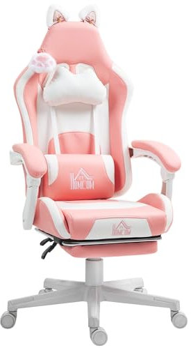 HOMCOM Gaming Stuhl Ergonomischer Gamer Stuhl mit Lendenwirbelstütze, Fußstütze, Süß Gaming Sessel mit Katzenohren, Kopfkissen, Höhenverstellbar Bürostuhl mit Liegefunktion Kunstleder Rosa