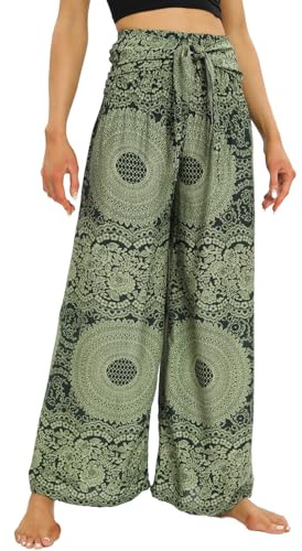 Nuofengkudu Petite Pantalon Femme Fluide Motif Léger Été Viscose Bohème Elastique Taille Haute Ceinturée Ethniques Chic Elegant Longue Culotte Vacances Plage Voyage Taille Unique E Vert