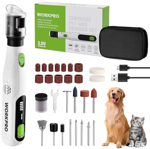 WORKPRO Krallenschleifer für Hunde, Elektrischer Hund Krallenschleifer, Pfotentrimmer mit 6-Gang-Einstellung, 3 Schleiföffnungen, Haustier Nagelschleifer für Kleine, Mittlere und Große Hunde/Katzen