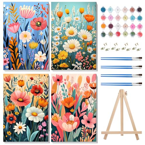 MISCER 4 Pack Pintar con Numeros con Marco, Flor Pintura Pintar por Numeros Adultos Niños,Pintura DIY en Acrílico u Óleo, Adecuada para Decoración del Hogar 20X30cm