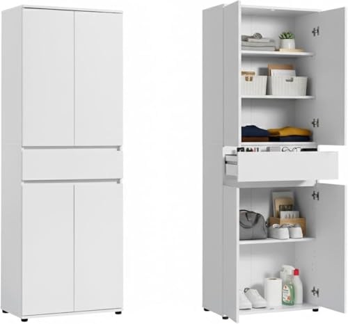 Home Collective Schrank 60 cm breit mit 4 Türen & Schublade, Vielseitiger Aufbewahrungsschrank Mehrzweckschrank mit 3 Einlegeböden, Schmaler Schrank für Haushalt, Büro, Schlafzimmer, 64x34x180 | Weiß
