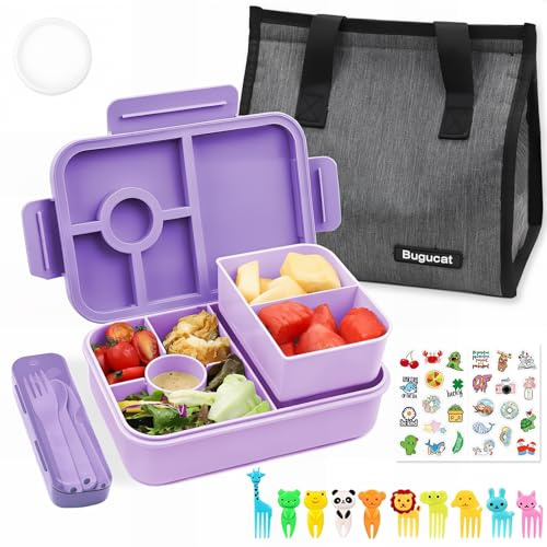 Bugucat Lonchera Bento de 1300 ml con bolsa, a prueba de fugas, con 4 compartimentos, cubiertos para niños y adultos, caja de aperitivos para escuela, jardín de infantes, oficina,morado