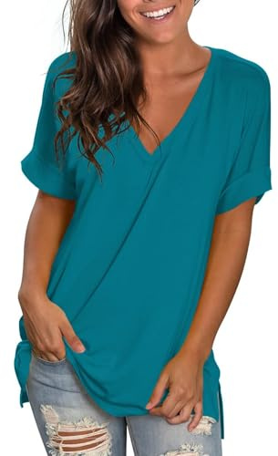 2025 T Shirt Long Femme Grandes Tailles Classique Coupe Ample,T-Shirt Femme À Manches Courtes Col en v Tops D'Été,Tee Shirts De Sport Femmes Casual Tops Tunique Elégante Couleur Solide Été