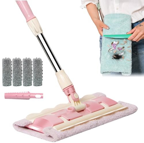 piano per pavimenti in parquet, scopa a frange, per cucina con 4 teste lavabili, include raschietto per polvere e manico regolabile girevole a 360 gradi per la pulizia