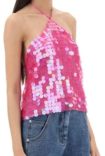 Women Sequin Halter Neck Tank Tops Shiny Tie-Up Backless Vests Summer Sleeveless Gillter Crop Tops Streetwear (A-a-Rose Red, M)