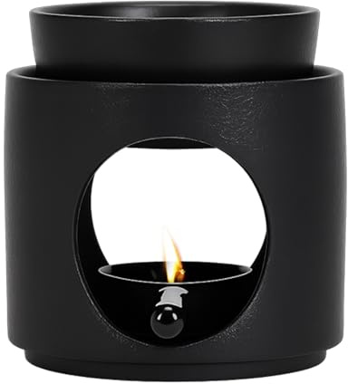 Lámpara de fragancia para aceites esenciales, lámpara de fragancia Tealight con portavelas, difusor de cerámica lámpara de aroma, bandeja extraíble para decoración, yoga, dormitorio (negro)
