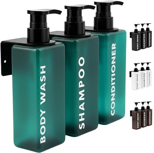 Set 3 Dispenser Sapone Doccia a Muro Aquamarina da 500ml - Flaconi Quadrati Shampoo Bagnoschiuma Balsamo - Dosatore HDPE con Supporto Parete e Imbuto - Design Salvaspazio Hotel