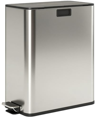 HOMCOM Dual Kitchen Bin with Soft-Close Butterfly Lid, 2 x 28L Stainless Steel Pedal Bin with Removable Inner Buckets, Fingerprint-Proof for Recycling and Waste, Silver Tone