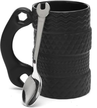 XRVRILE Däckkopp stor kapacitet 450 ml keramik med sked, däckkopp 3D stor bilkopp med handtag, kaffekoppar för kontor, hem, förare mekaniker, för män, bilälskare