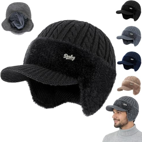 Torocky Coldshield Trapper, Rocky Coldshield Trapper, gorro de béisbol cálido y elegante con forro de piel para hombre, con ala y orejeras, Negro, Talla única