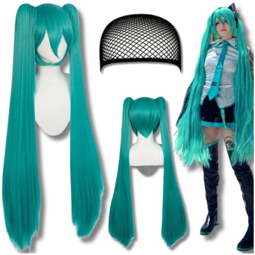 ZOLTA Hatsune Miku peruk, 110 cm, långt syntetiskt hår, cosplay, Vocaloid anime manga, blå peruk med hätta för karneval och cosplay, fest
