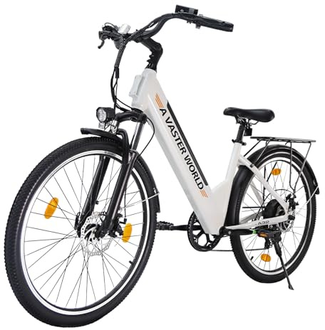 VDL Vélo électrique 26 blanc pour homme et femme, batterie 48 V 10,4 Ah, 7 vitesses, freins à disque, lumière LED, fourche suspendue, 25 km/h, vélo électrique de ville