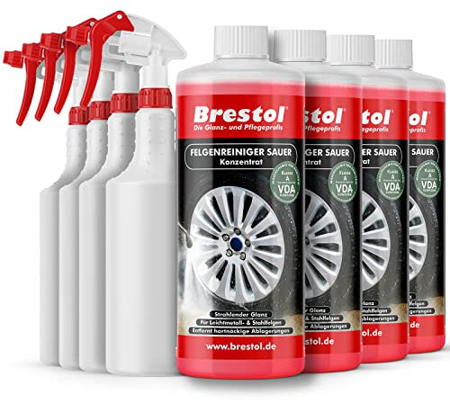 Brestol Felgenreiniger Konzentrat Set3 (4 Liter Konzentrat + 4X Sprühkopf + 4X Leere 750 ml Flasche) - für Alufelgen Stahlfelgen Autofelgen Leichtmetallfelgen = 40 Liter gebrauchsfertige Lösung