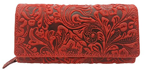 Jockey Club Feminine echt Leder Damen Geldbörse mit RFID Schutz Liane Florale Motive, Ranken und Blüten in wunderschöner Hoch Tief Prägung kirschrot