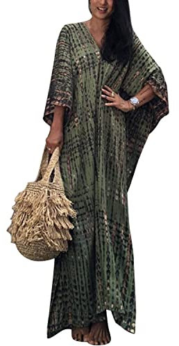 QUNERY Femmes Robe de Plage Femme Longue Boheme Robe Maxi Fleur Kimono Bikini Cover-Up (Taille Unique, A-Armée Vert)