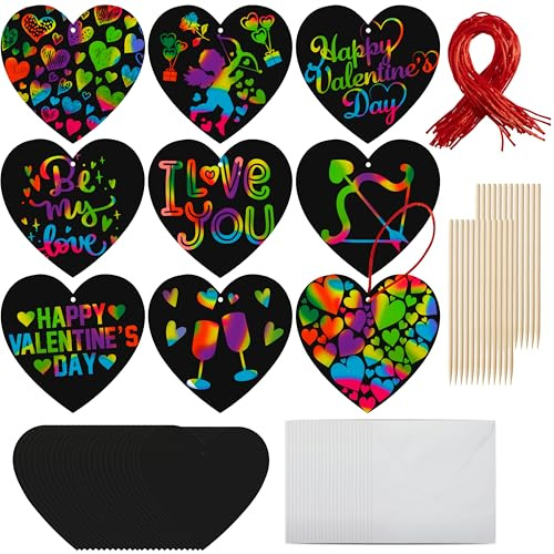 JOYIN 24 Packs Valentines Day Cards with Scratch Heart Paper, Magic Color Heart Rainbow Scratch Cards for Kids Crafts and Art Classroom Exchange, Valentine's Party Favors