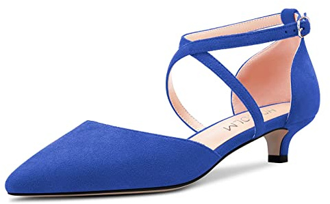 HDEUOLM Femmes Bas Kitten Talon Heel Fermé Pointu Bout Sandales Lanières Cheville Lanières Croisées Boucle Escarpins Mariage Sexy Dress 3.5 CM Heels Chaussures Bleu Suède A 38 EU
