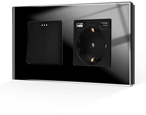 CNBINGO Lichtschalter mit USB Steckdose, Glas Schuko Steckdose Unterputz mit USB Anschluss und Typ C Port (3,1 Amp total), Kipplichtschalter, Schwarz Taste Schalter, 1-Fach, 1- poliger Ausschalter