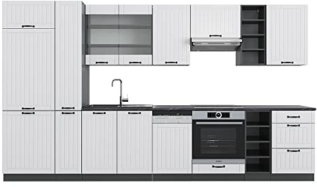 Vicco Küchenzeile Fame-Line, Weiß Landhaus/Anthrazit, 355 cm mit Hochschrank, ohne Arbeitsplatte, zur individuellen Zusammenstellung mit optionalen Erweiterungsmodulen