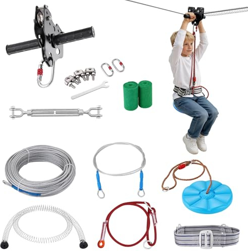 VEVOR Zip line Kits for Backyard，120ft Zip line Kit for Kids and Adult Up to 330 lb, Included Swing Seat, Ziplines Brake, and Steel Trolley, Outdoor Playground Equipment